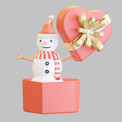 snowman with santa hat inside red love gift box christmas 3D render illustration