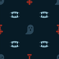 Set Tombstone with cross, Ghost and Vampire teeth on seamless pattern. Vector