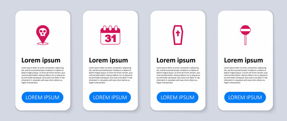 Set Lollipop, Coffin with christian cross, Halloween date 31 october and Skull. Business infographic template. Vector