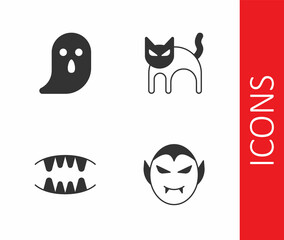 Set Vampire, Ghost, teeth and Black cat icon. Vector