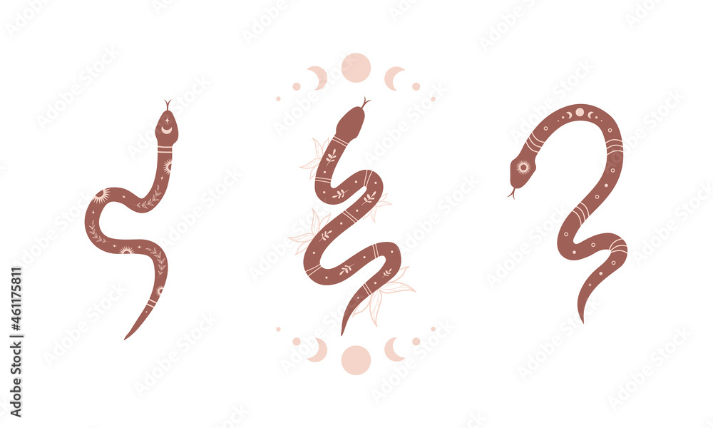Wall mural magic snake in boho style with moon. collection of mystical symbol in a trendy minimalist style. eso