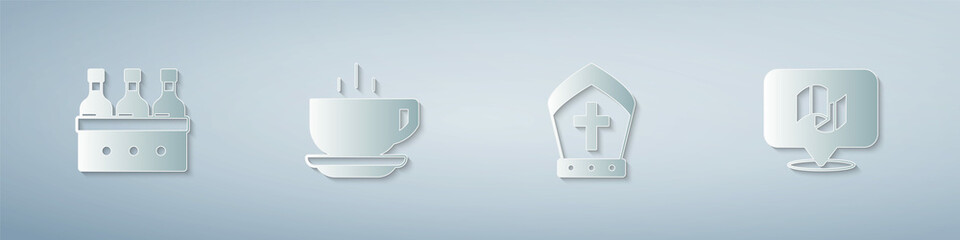 Set Bottles of wine, Coffee cup, Pope hat and Flag Italy. Paper art style. Vector