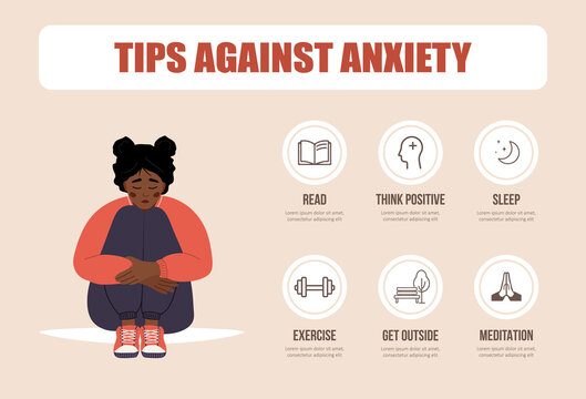 Mental health concept. Unhappy african woman sitting on floor and hugging knees. Mood disorder. Tips for anxiety. Depressed girl needs psychological help. Vector illustration in flat cartoon style.