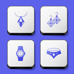 Set Pendant on necklace, Earrings, Wrist watch and Necklace icon. White square button. Vector