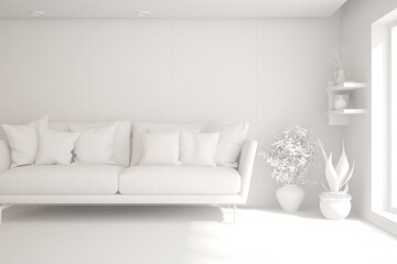 White minimalist living room with sofa. Scandinavian interior design. 3D illustration