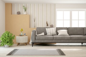 Modern living room with sofa. Scandinavian interior design. 3D illustration