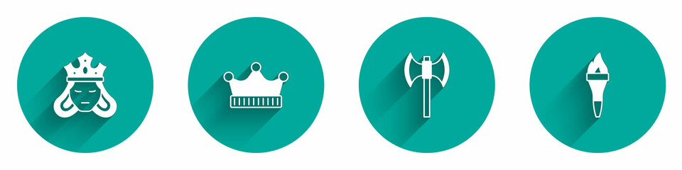 Set Princess or queen, King crown, Medieval poleaxe and Torch flame icon with long shadow. Vector