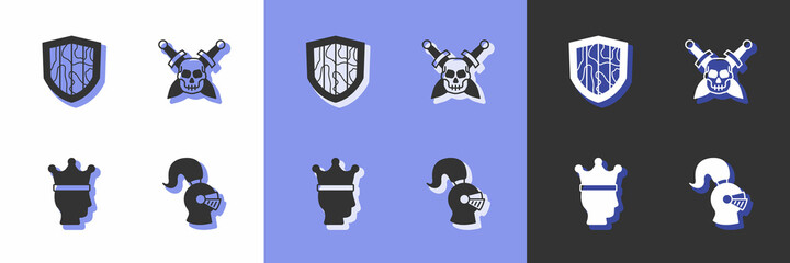 Set Medieval helmet, Shield, King crown and Skull with sword icon. Vector