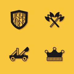 Set Shield, King crown, Medieval catapult and Crossed medieval axes icon with long shadow. Vector