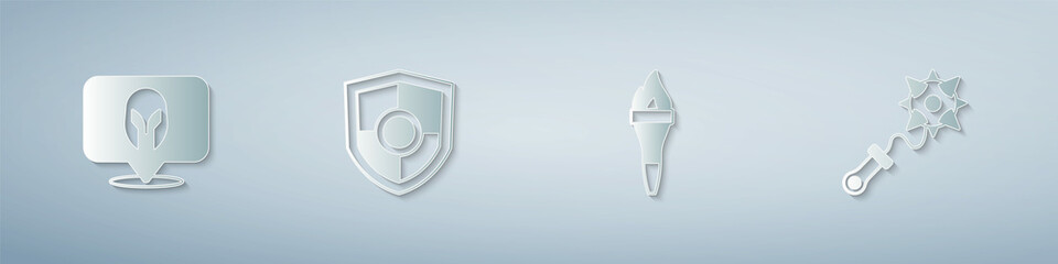 Set Medieval helmet, Shield, Torch flame and Mace with spikes. Paper art style. Vector