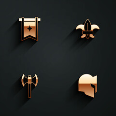 Set Medieval flag, Fleur de lys or lily flower, poleaxe and helmet icon with long shadow. Vector