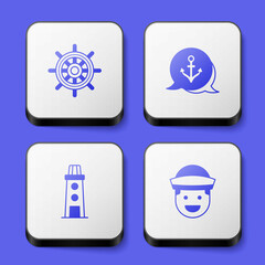 Set Ship steering wheel, Anchor, Lighthouse and Sailor icon. White square button. Vector