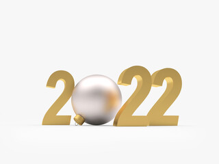 Gold number 2022 with a silver Christmas ball. 3D illustration 