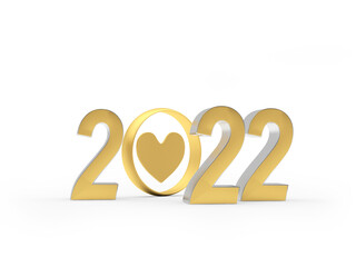 Gold number 2022 with wedding ring and heart icon. 3D illustration 