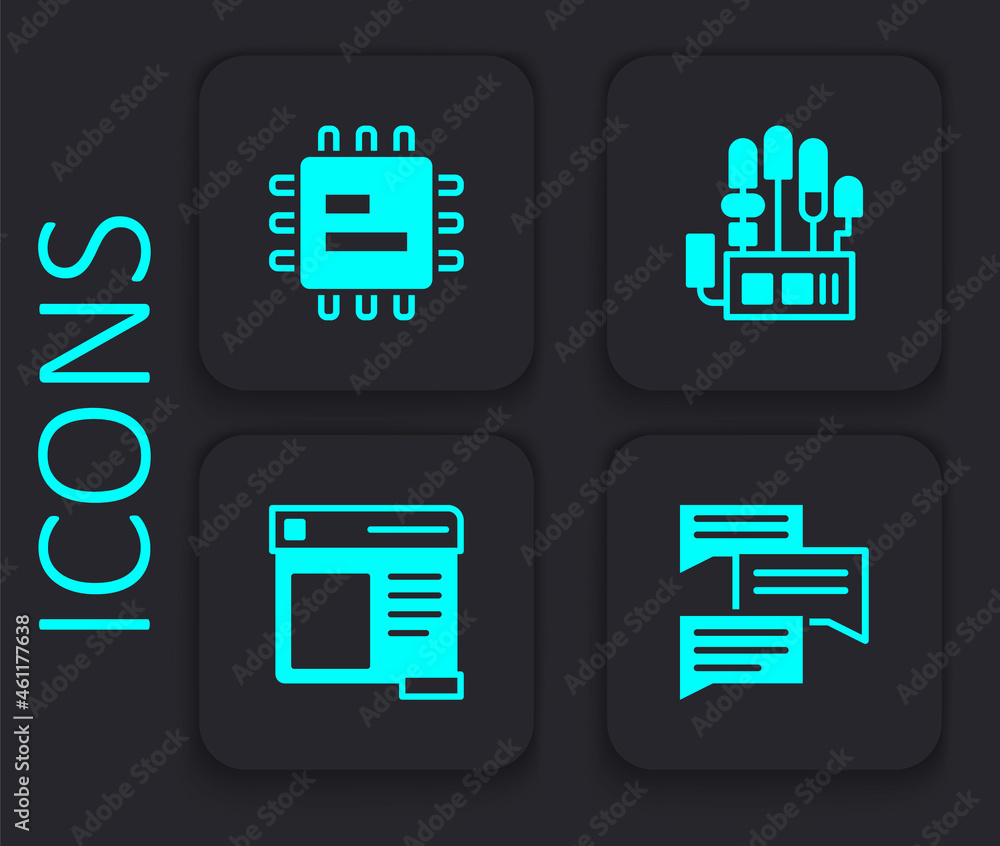 Poster set speech bubble chat, processor cpu, mechanical robot hand and browser window icon. black square b