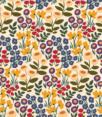 Adorable seamless pattern with floral meadow. Mix of various flowers and leaves on a white background. Vector illustration.