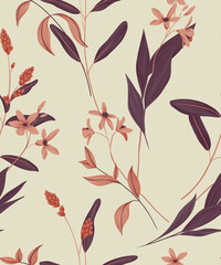 Delicate floral print in purple and pink tones. An abstract composition of their small flowers on a twig, leaves on a light background. Seamless botanical pattern in vector format.