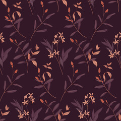 Seamless floral pattern with wildflowers. Free composition of various twigs, small flowers and leaves on a dark background. Vector illustration.