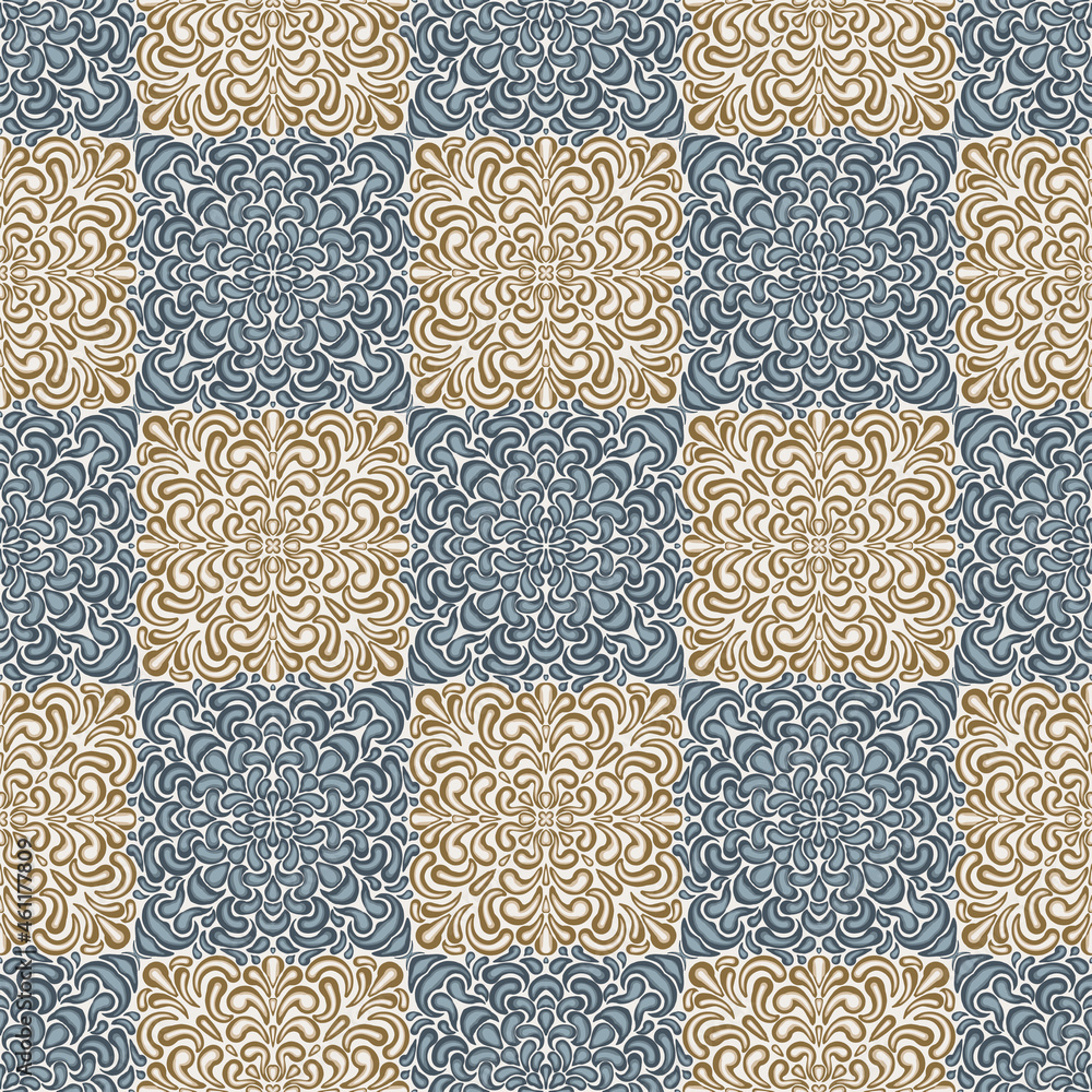 Wall mural chess pattern consisting of teardrop-shaped elements. seamless texture. gray, blue, brown, beige.