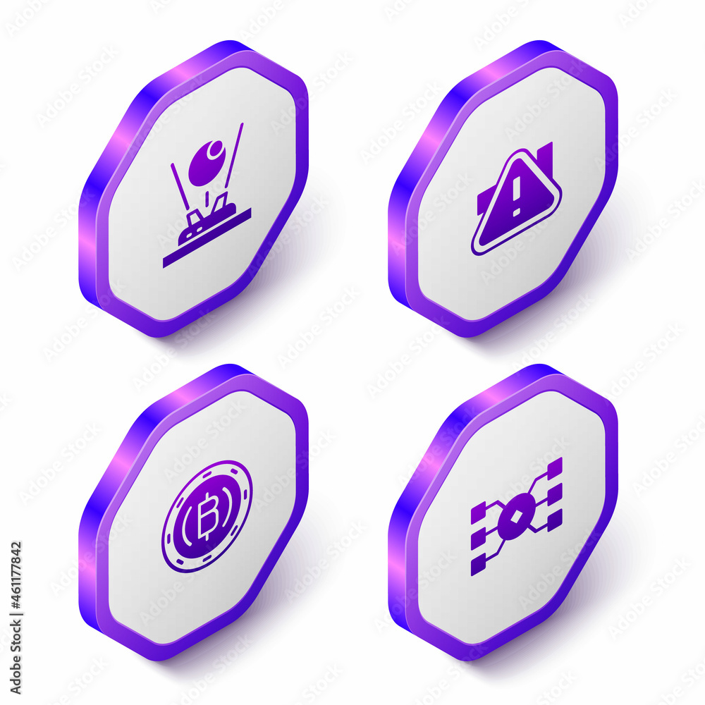 Poster set isometric hologram, exclamation mark in triangle, cryptocurrency coin bitcoin and neural network