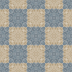 Chess pattern consisting of teardrop-shaped elements. Seamless texture. Gray, blue, brown, beige.