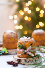 Traditional Italian Christmas cake Panettone with festive decorations 