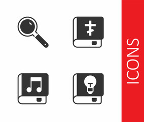 Set User manual, Magnifying glass, Audio book and Holy bible icon. Vector