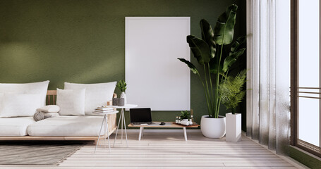Obraz na płótnie Canvas Minimalist interior ,Sofa furniture and plants, Modern green room design.3D rendering