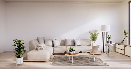 Minimalist interior ,Sofa furniture and plants, modern room design.3D rendering
