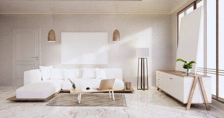 Interior,Living room modern minimalist has sofa on white wall and granite tiles floor.3D rendering