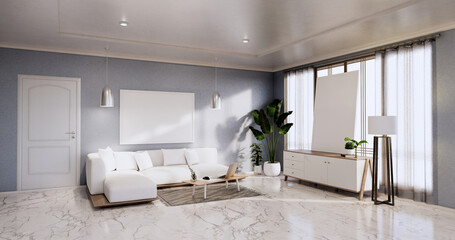 Interior,Living room modern minimalist has sofa and cabinet,plants,lamp on blue wall and granite tiles floor.3D rendering