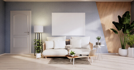 Fototapeta na wymiar Minimalist interior ,Sofa furniture and plants, modern blue sky room design.3D rendering