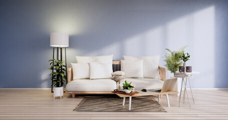 Fototapeta na wymiar Minimalist interior ,Sofa furniture and plants, modern blue sky room design.3D rendering