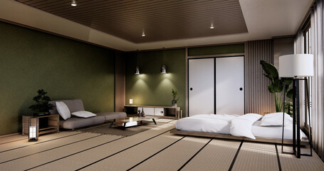 interior mock up with zen bed plant and decoartion in japanese green bedroom. 3D rendering.