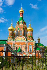 Fototapeta na wymiar External view of Cathedral of the Annunciation of the Blessed Virgin Mary in Yoshkar-Ola, Russia.