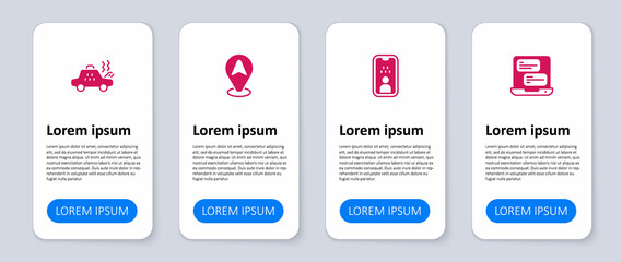 Set Taxi mobile app, driver license, Location taxi car and Broken. Business infographic template. Vector