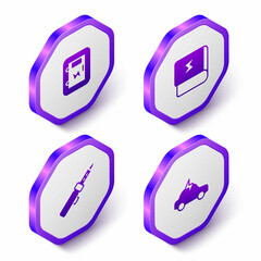 Set Isometric Electrical panel, Book about electricity, Soldering iron and car icon. Purple hexagon button. Vector