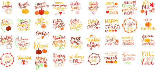 Fall vector set, autumn quote bundle, cute fall illustrations collection, Autumn quotes svg. - obrazy, fototapety, plakaty