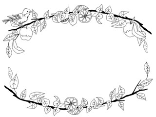 鳥と葉っぱの手描きフレーム