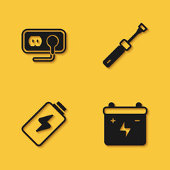 Set Electrical outlet, Car battery, Battery charge and Screwdriver icon with long shadow. Vector