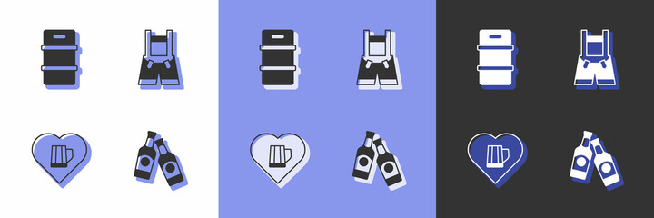 Set Beer bottle, Metal beer keg, Heart with glass of and Lederhosen icon. Vector