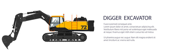 Digger hydraulic excavator with dipper , construction equipment banner, vector illustration