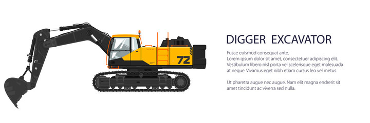 Naklejka premium Digger hydraulic excavator with dipper , construction equipment banner, vector illustration