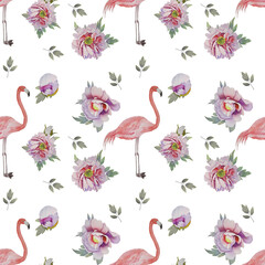 flamingos pink blooming peonies watercolor painted endless border no background