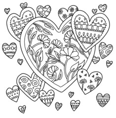 Hearts love romantic flower blossom lined doodle coloring book page black and white background art therapy relax psychology ink