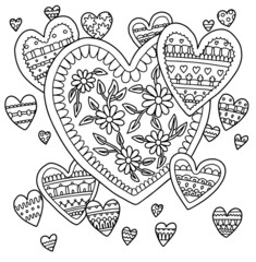 Hearts love romantic flower blossom lined doodle coloring book page black and white background art therapy relax psychology ink romantic