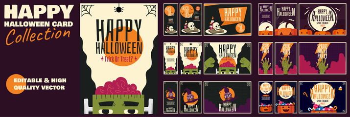Printables happy halloween card banner poster collection mega pack bundle with halloween elements (skull, web, pumpkin, zombie)