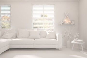 Mock up of minimalist living room in white color with sofa. Scandinavian interior design. 3D illustration