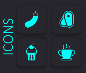 Set Bowl of hot soup, Eggplant, Steak meat and Muffin icon. Black square button. Vector