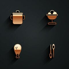 Set Cooking pot, Ice cream the bowl, Chicken leg and Food chopsticks icon with long shadow. Vector